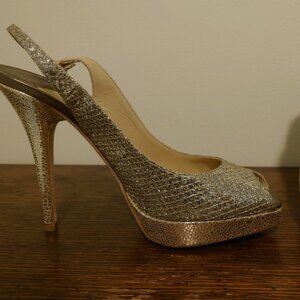 Jimmy Choo Clue Glitter Slingback Peep Toe Pumps in  Champagne